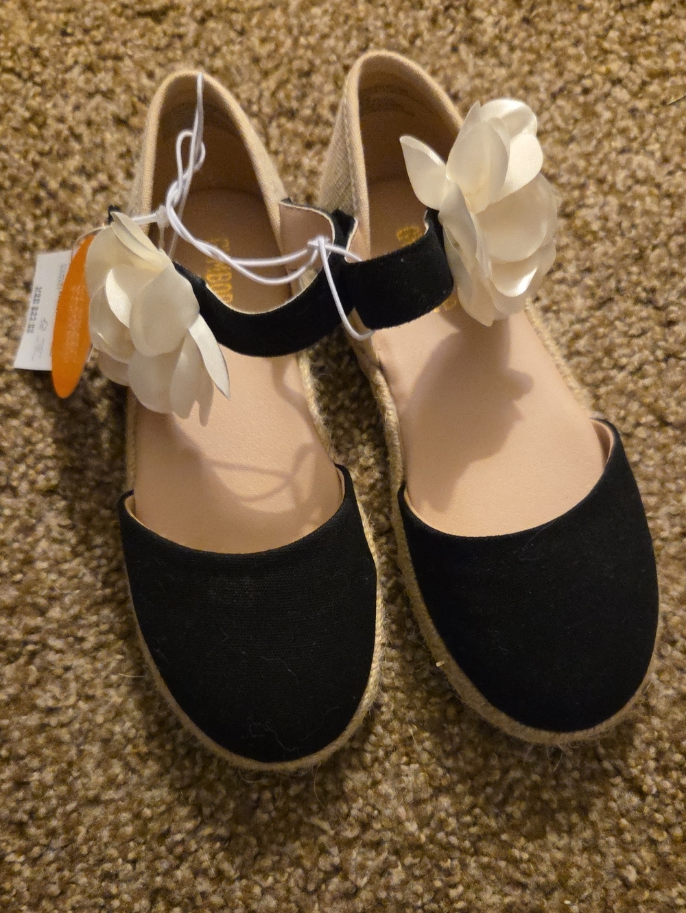 Gymboree Black Floral Strap Espadrille Flats with Cream Flower